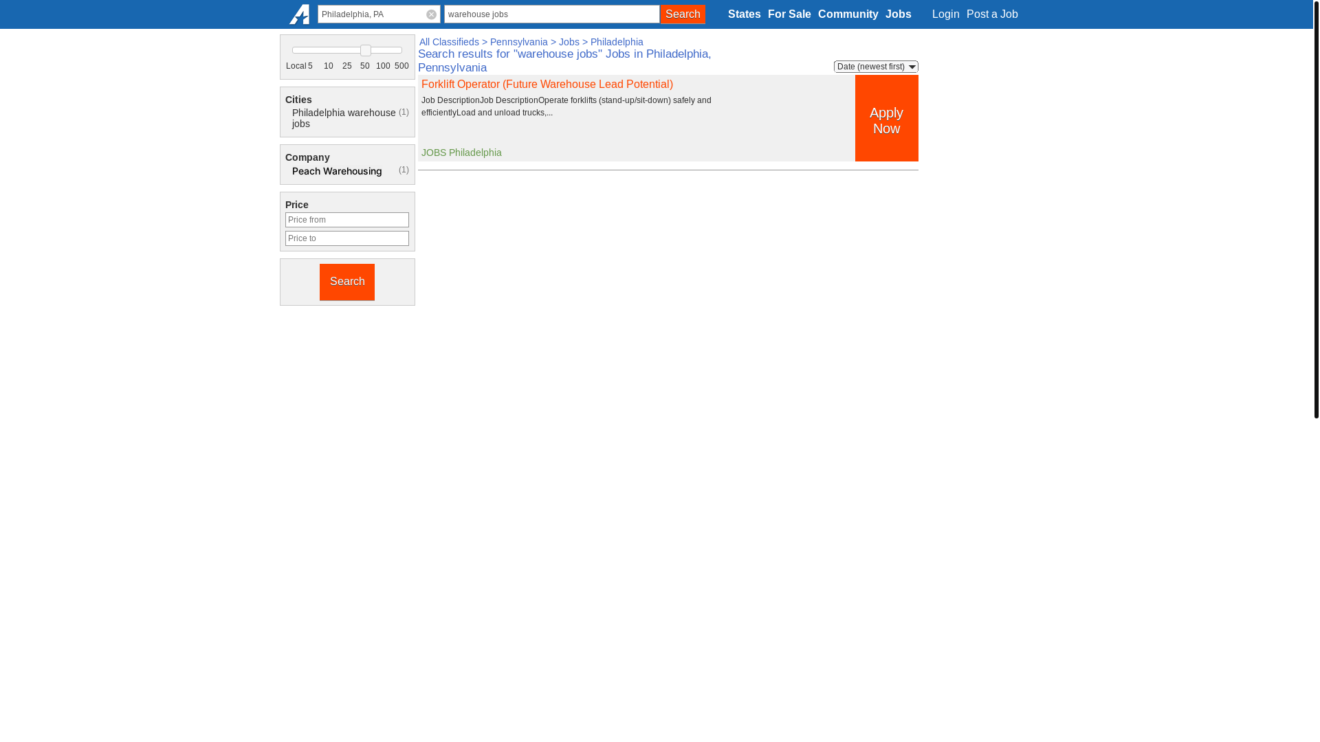 website screenshot of https://philadelphia-pa.americanlisted.com/jobs/warehouse+jobs/