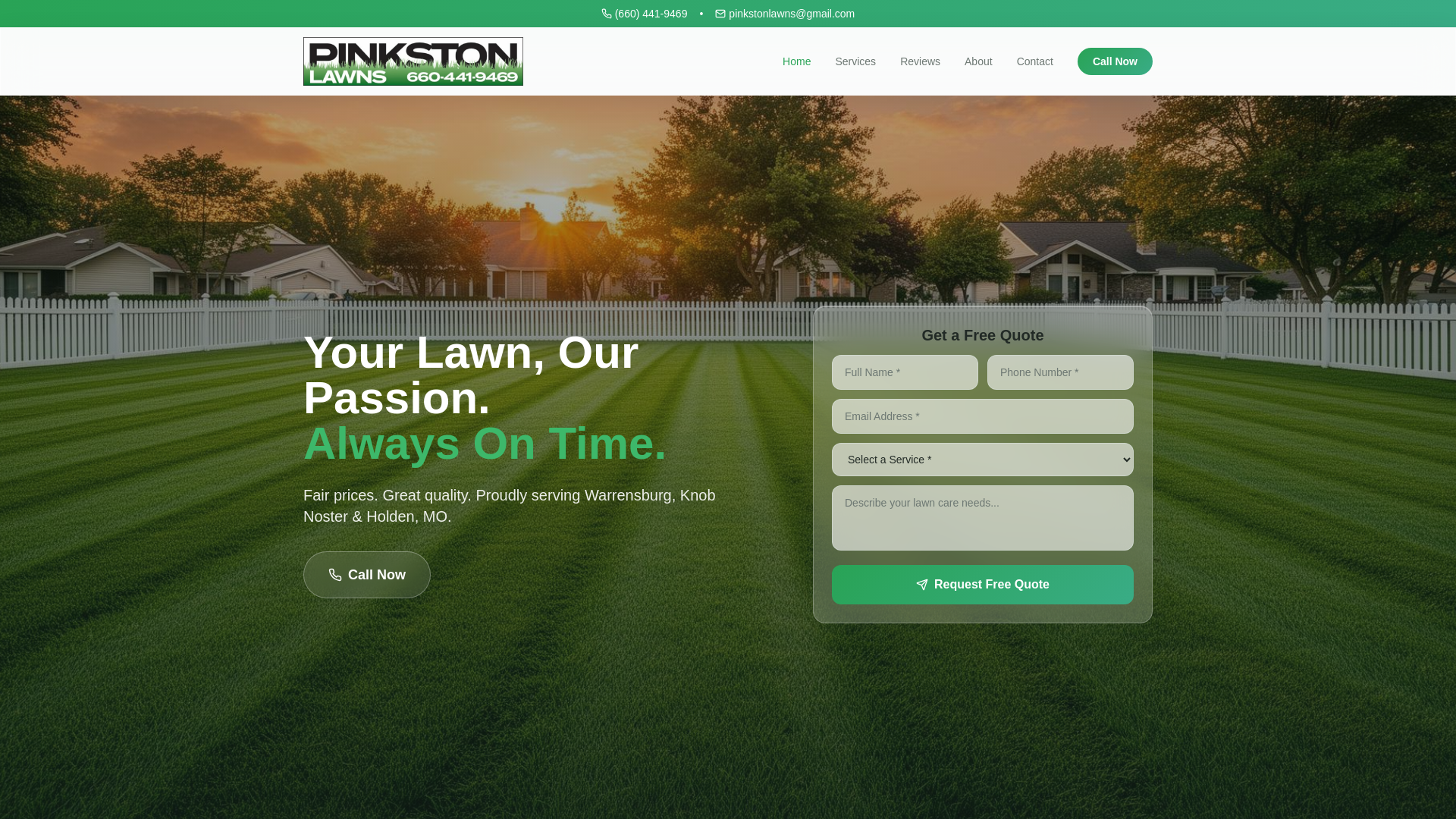 website screenshot of https://pinkstonlawns.com/