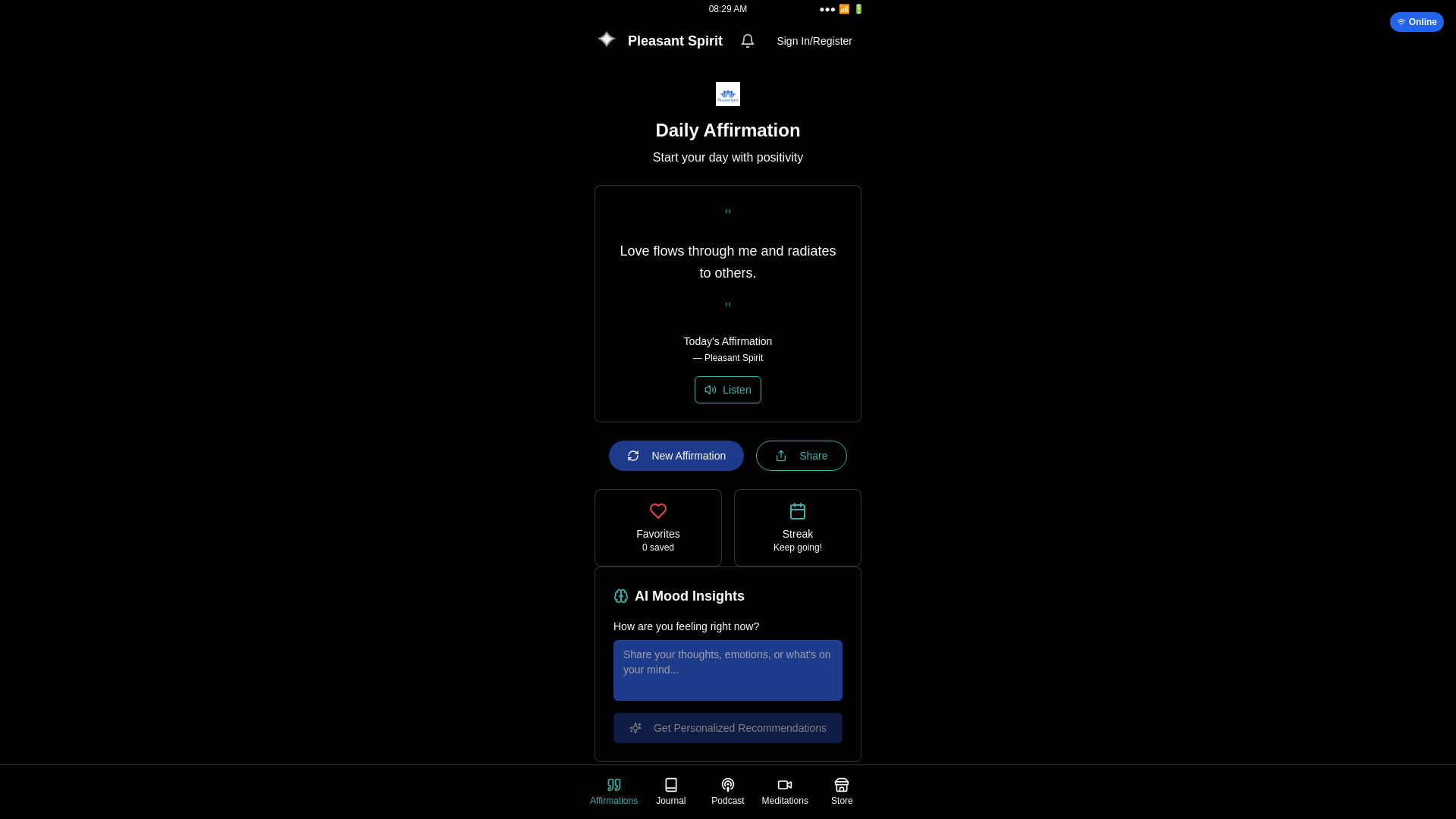 website screenshot of https://pleasantspirit.app/