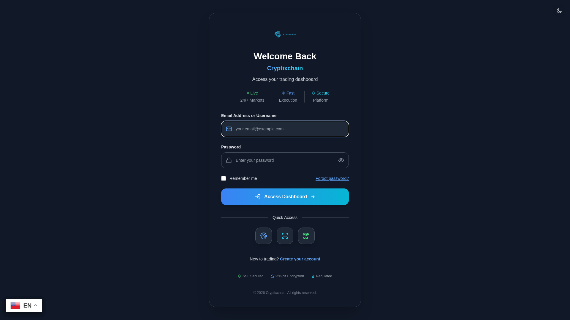 website screenshot of https://cryptixchain.org/login