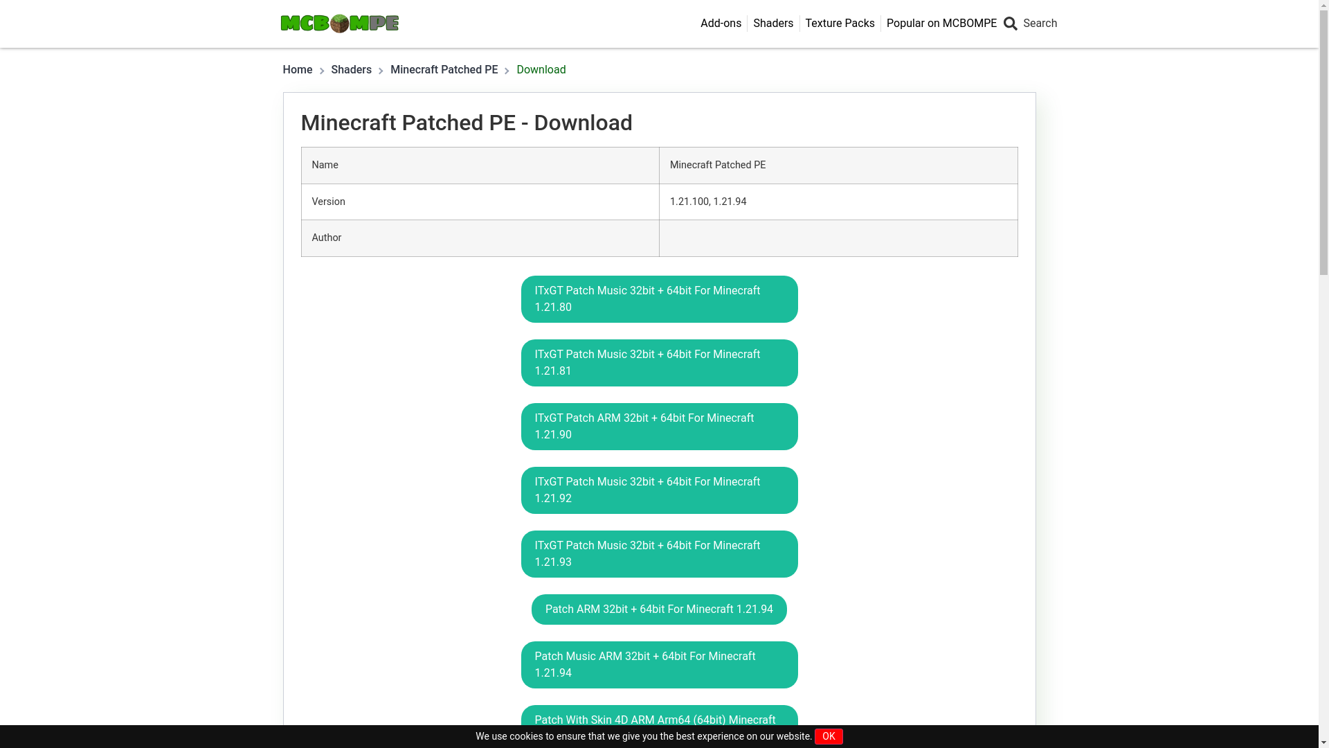 website screenshot of https://mcbompe.com/minecraft-patched-pe/download/
