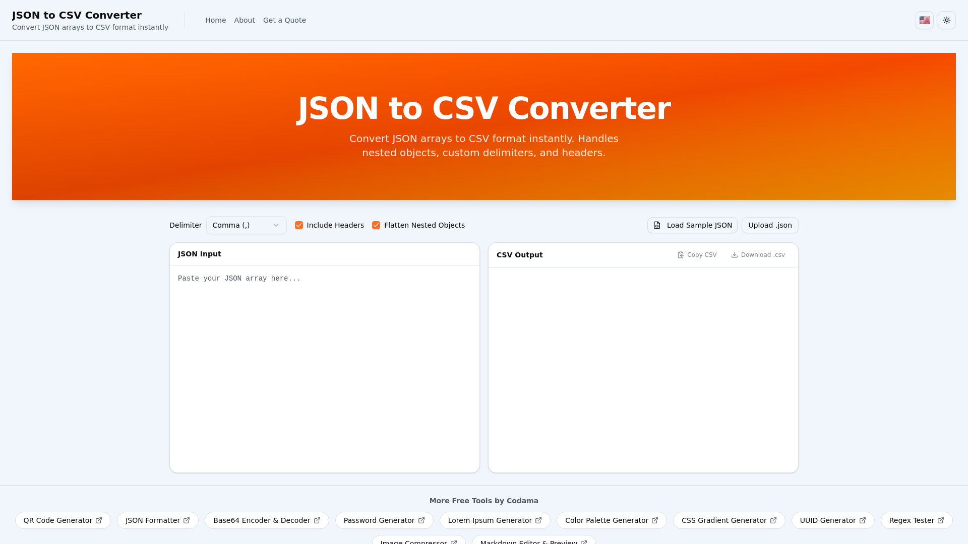 website screenshot of https://json-to-csv-ab4.pages.dev/
