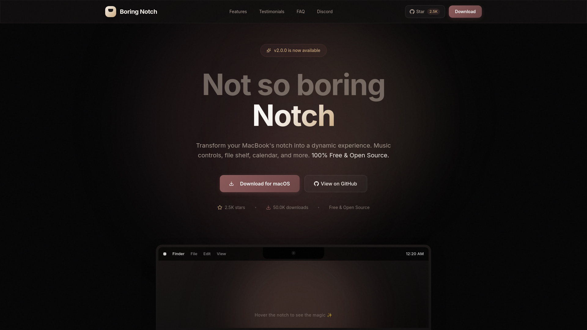 website screenshot of https://boringnotch.com/