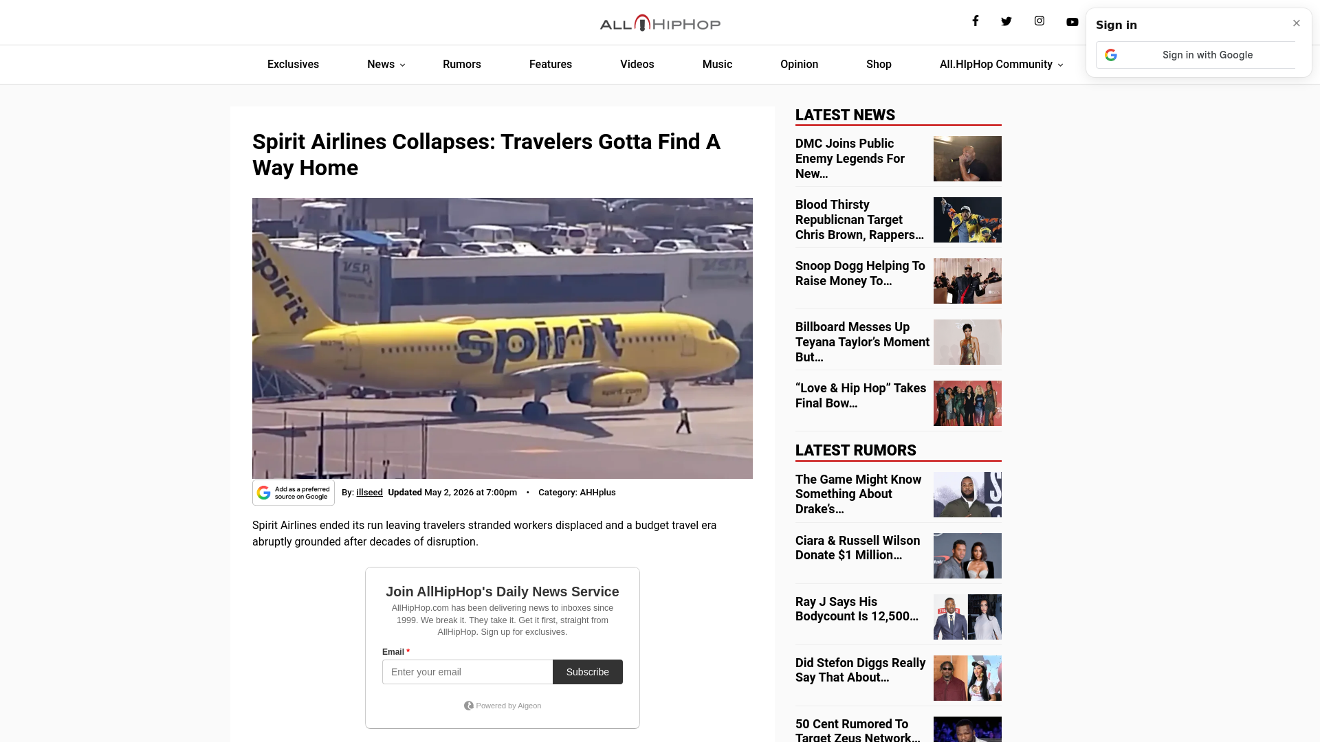 website screenshot of https://allhiphop.com/rumors/spirit-airlines-collapses-travelers-gotta-find-a-way-home/