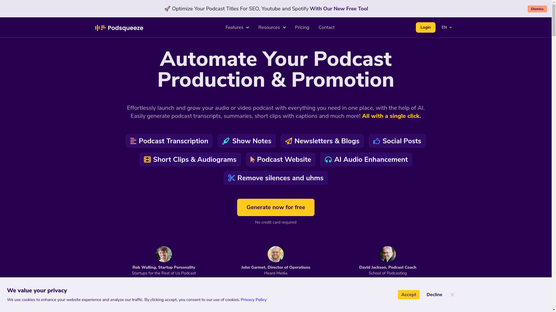 website screenshot of https://podsqueeze.com/