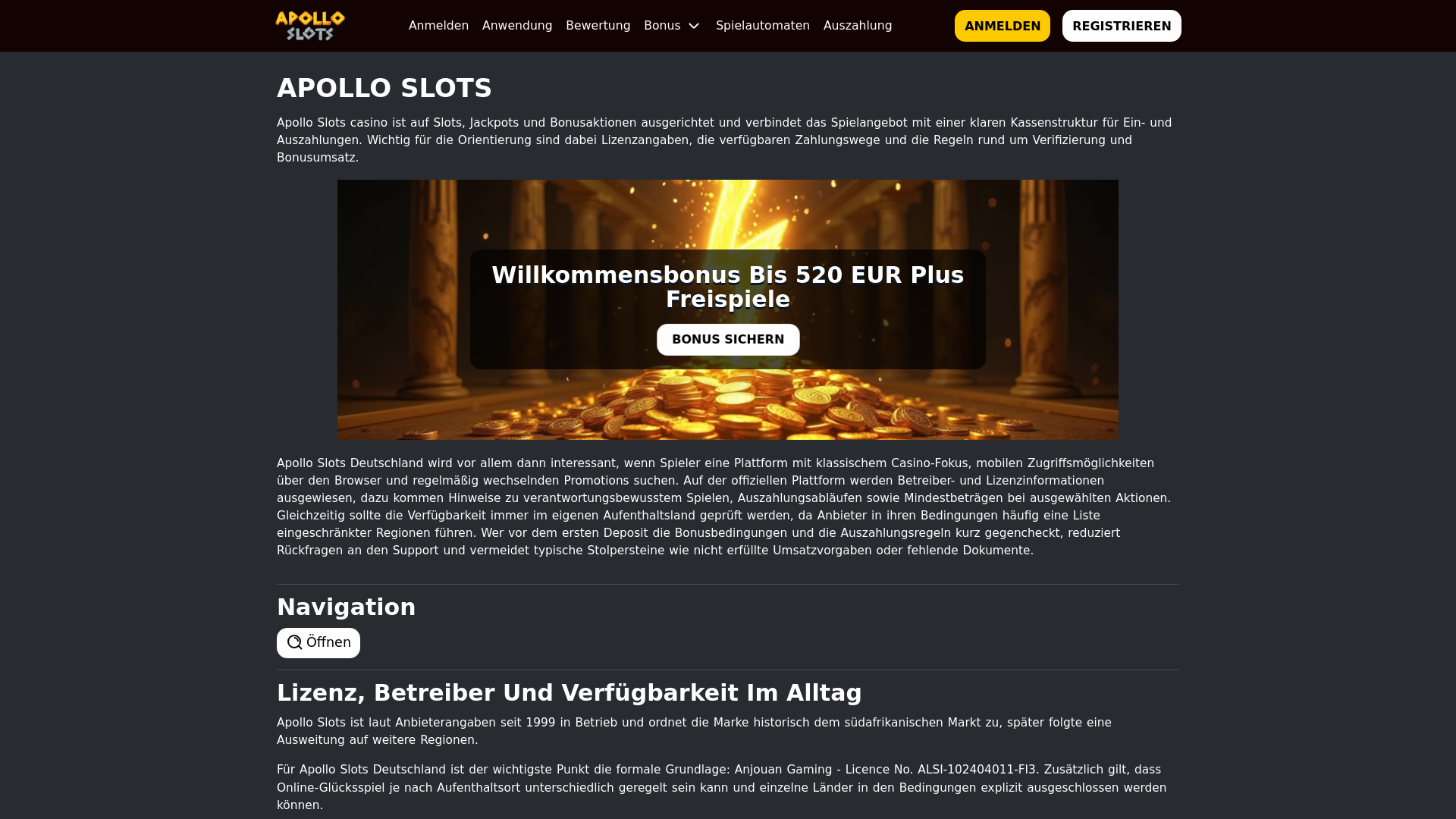 website screenshot of https://apollo-slots.casino/