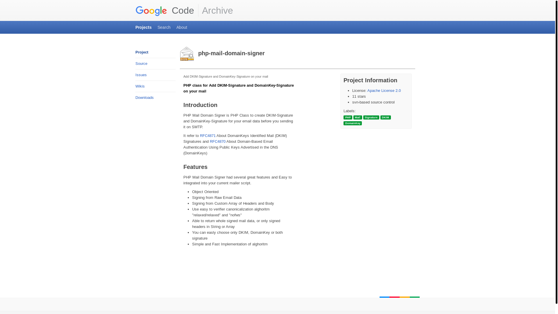 website screenshot of http://code.google.com/p/php-mail-domain-signer/