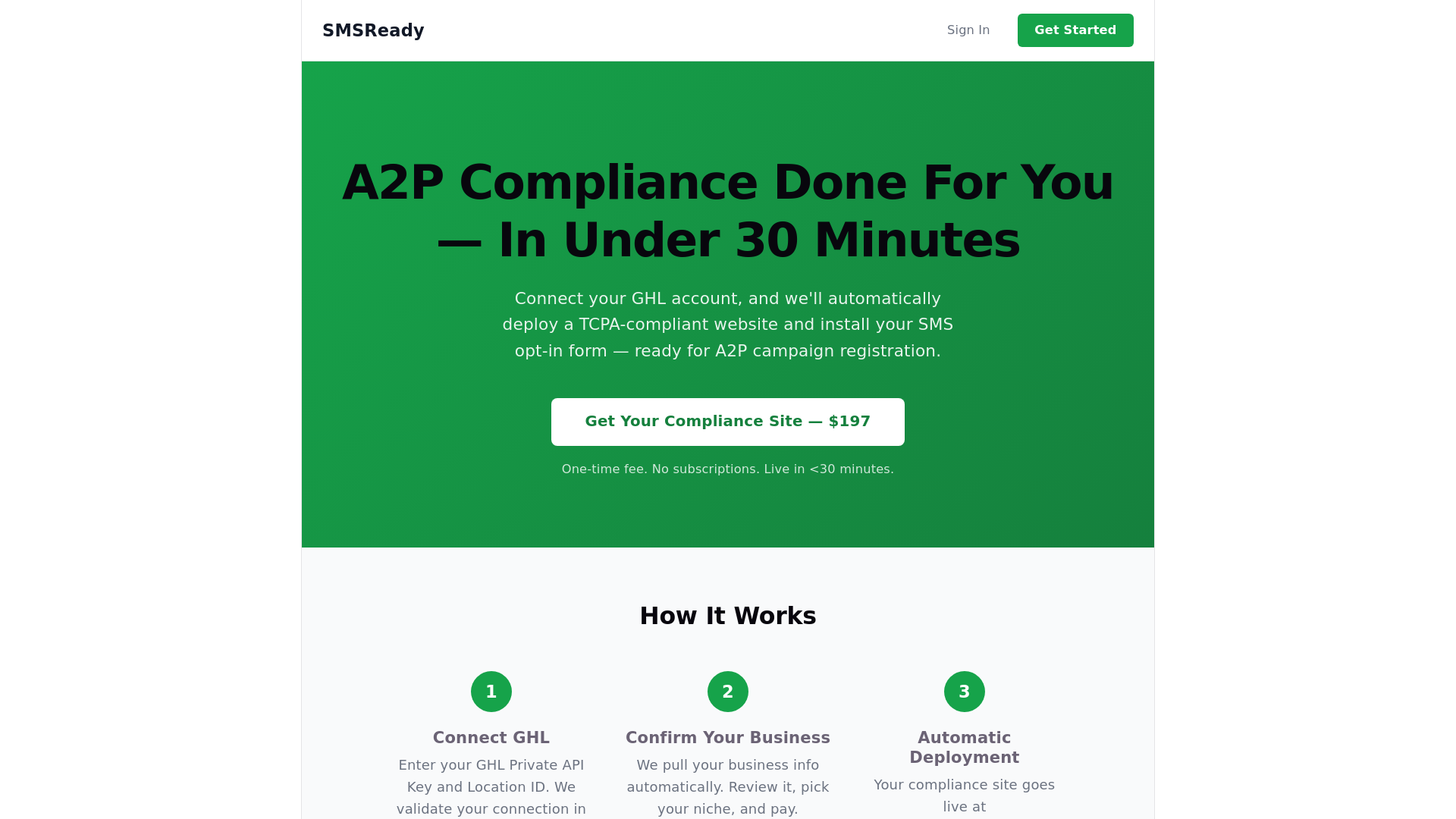 website screenshot of https://a2p-compliance-app.pages.dev/