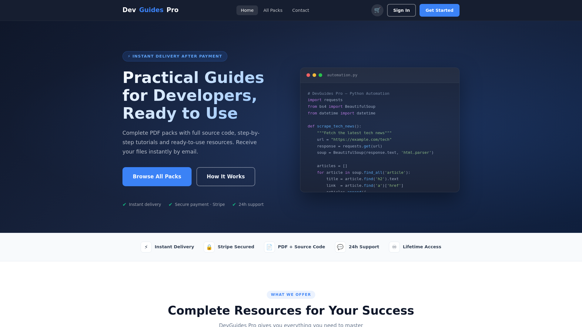 website screenshot of https://devguidespro.com/