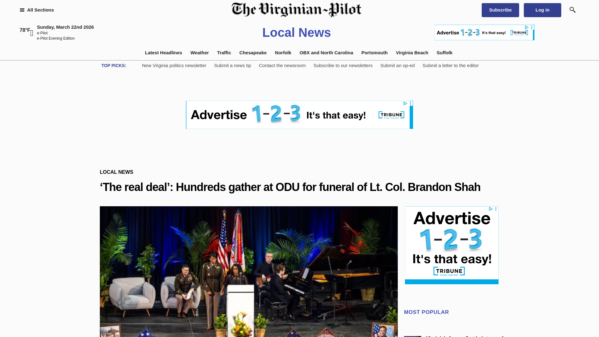 website screenshot of https://www.pilotonline.com/2026/03/22/funeral-shah-ltn-col-killed-odu-shooting/