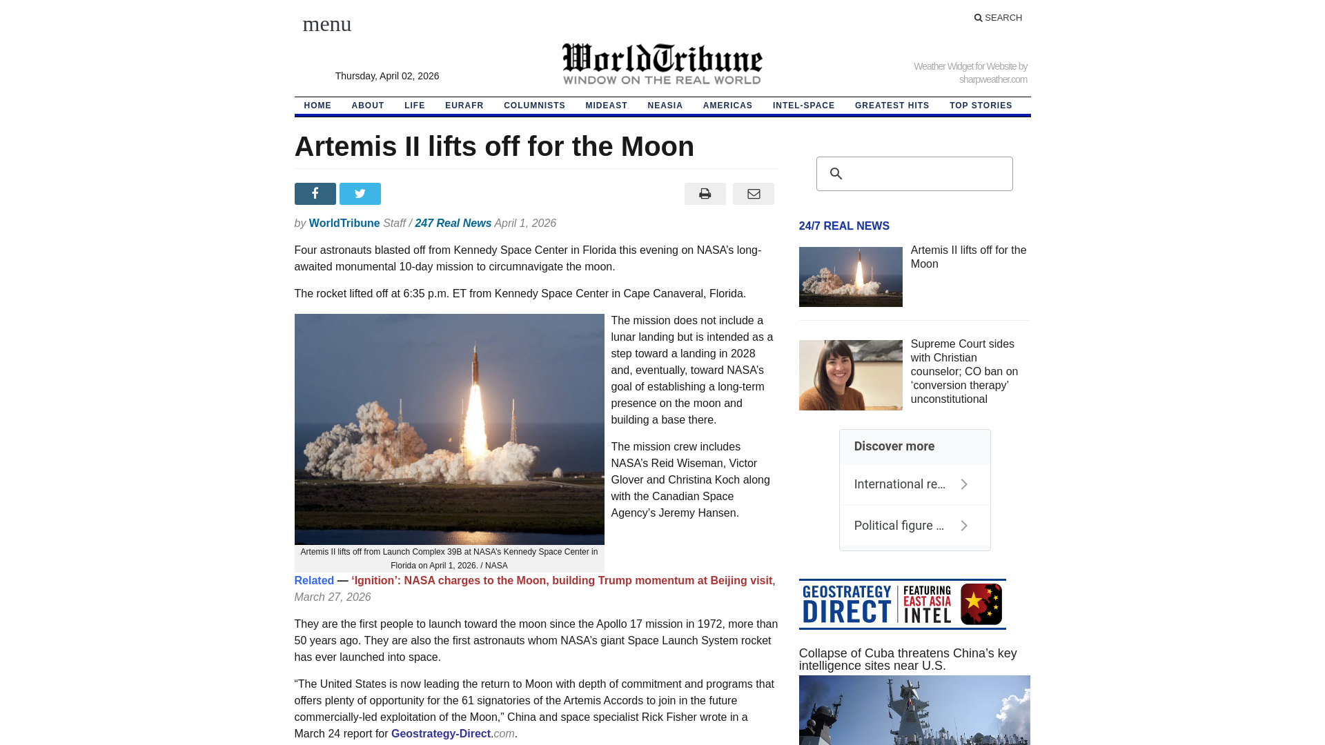 website screenshot of https://worldtribune.com/artemis-ii-lifts-off-for-the-moon/
