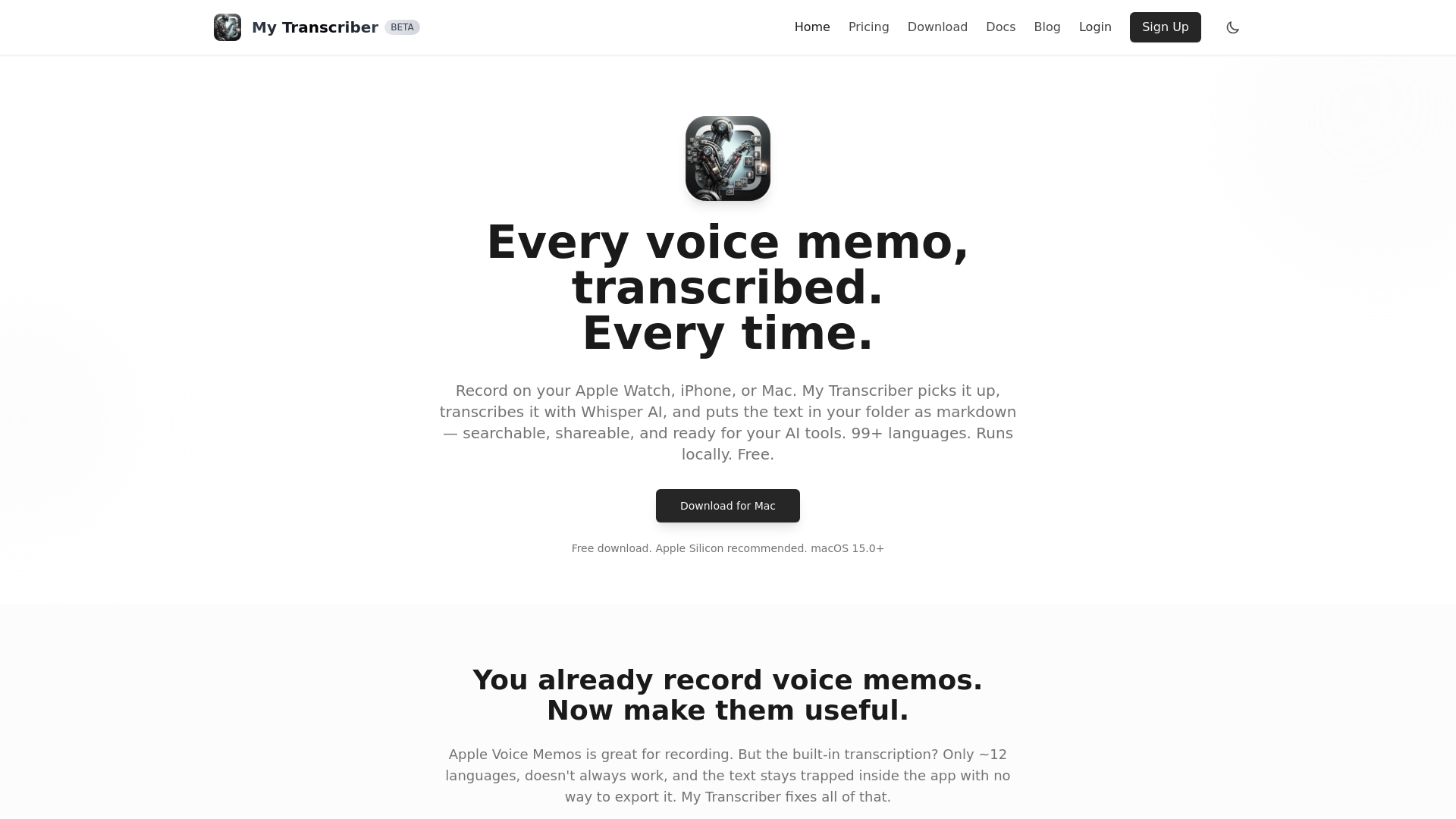 website screenshot of https://mytranscriber.app/