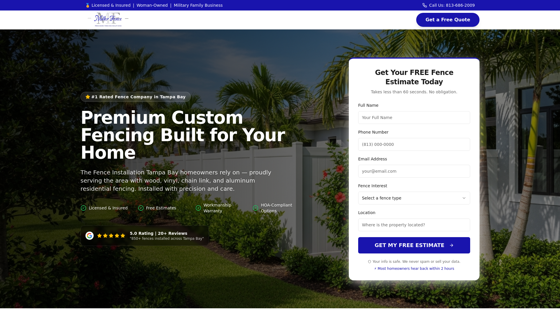 website screenshot of https://millerfencetampa.com
