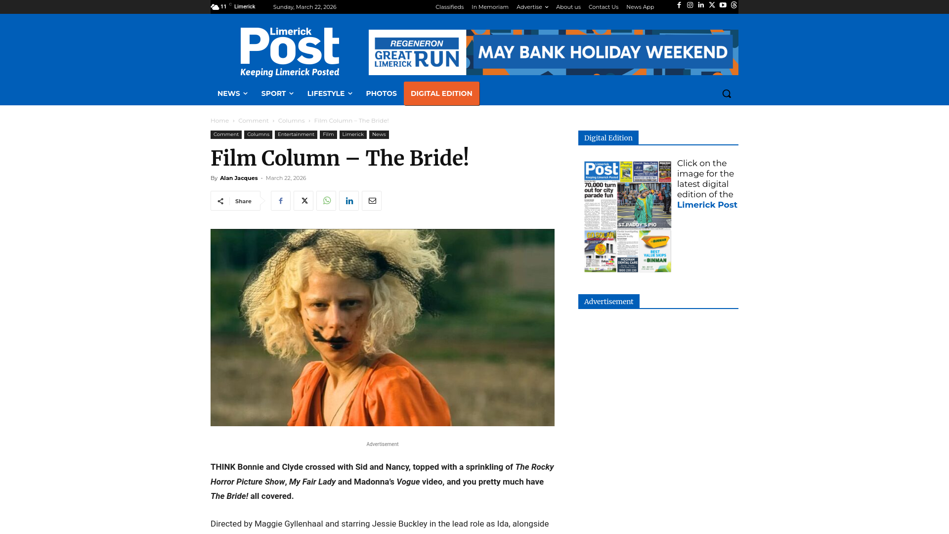 website screenshot of https://www.limerickpost.ie/2026/03/22/film-column-the-bride/