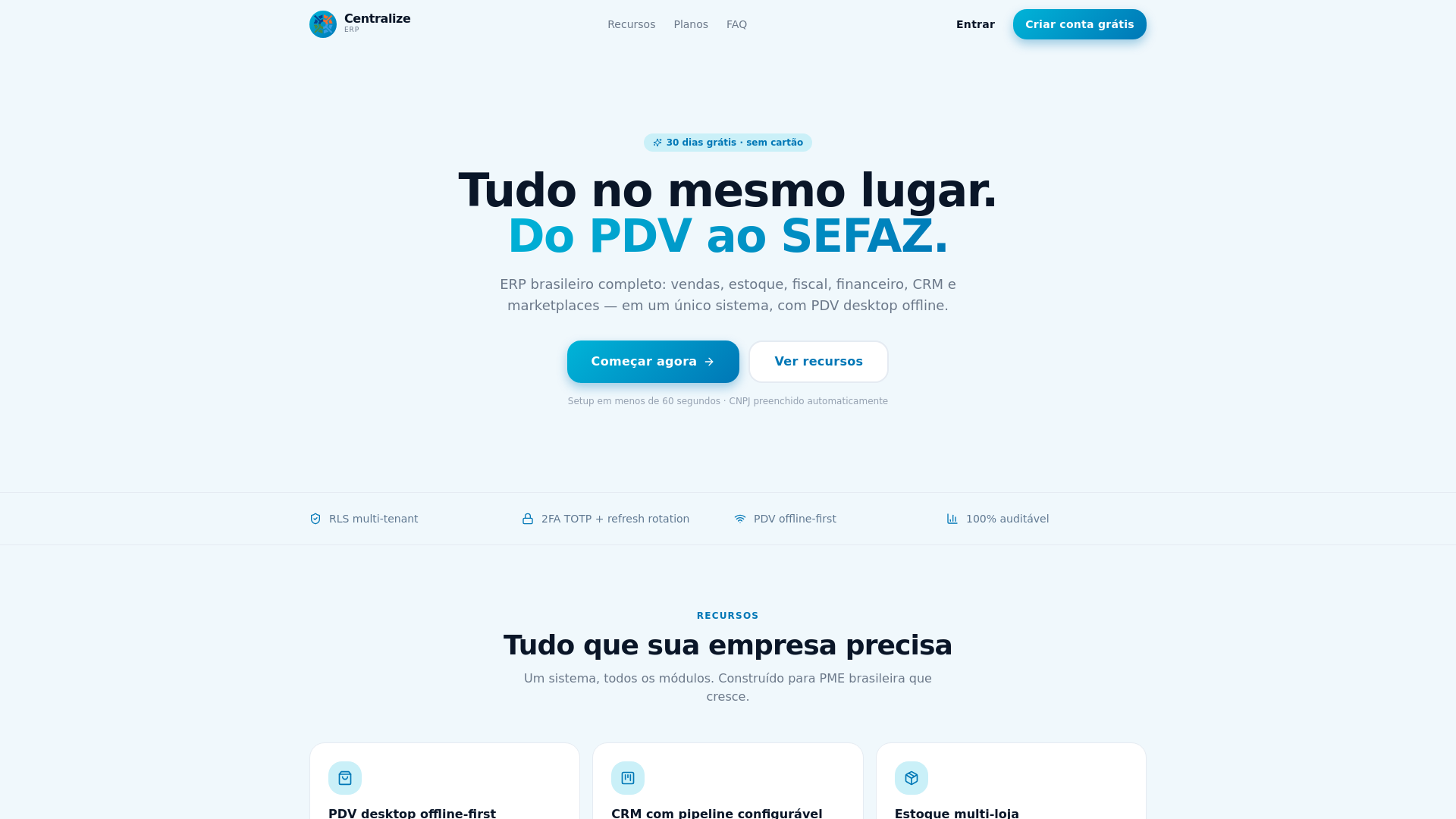 website screenshot of https://centralizerp.com.br