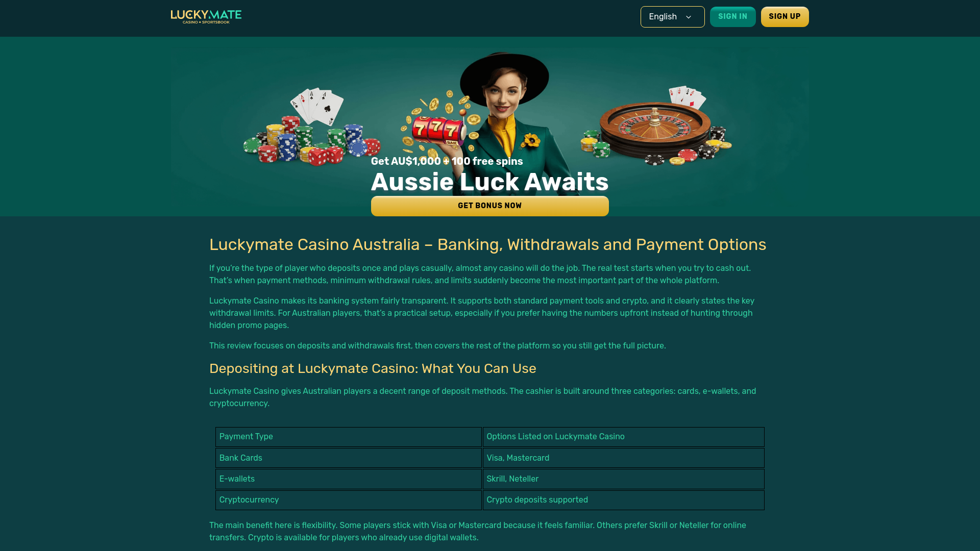 website screenshot of https://luckymate-casino-login.com/