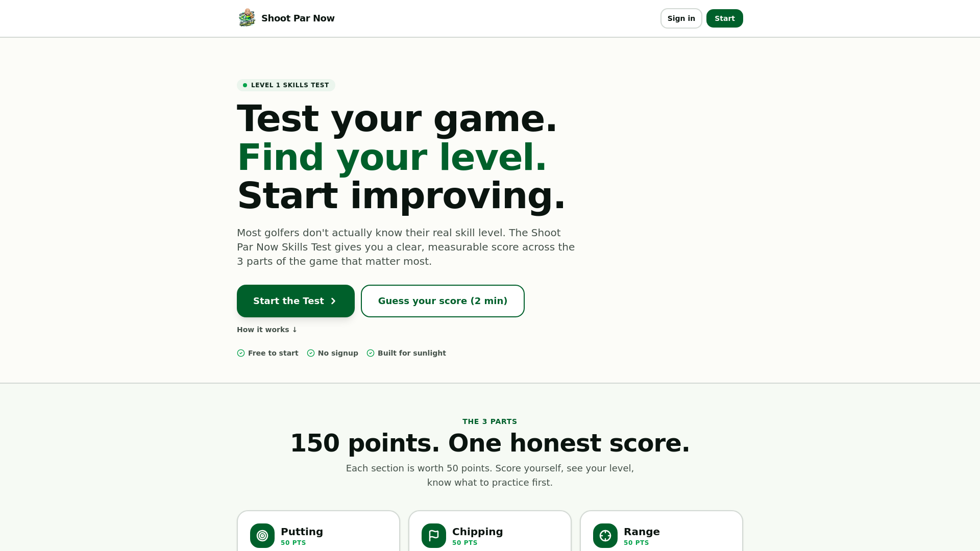 website screenshot of https://shootparnowgolfskillstest.com