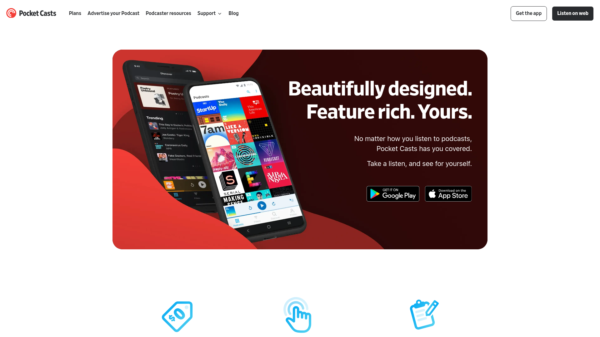 website screenshot of https://pocketcasts.com