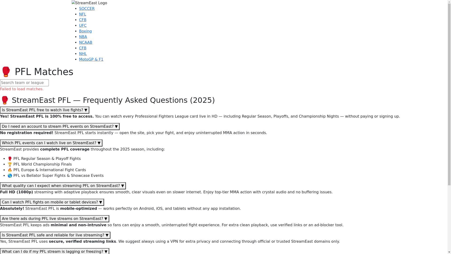 website screenshot of https://pfl-streameast.pages.dev/