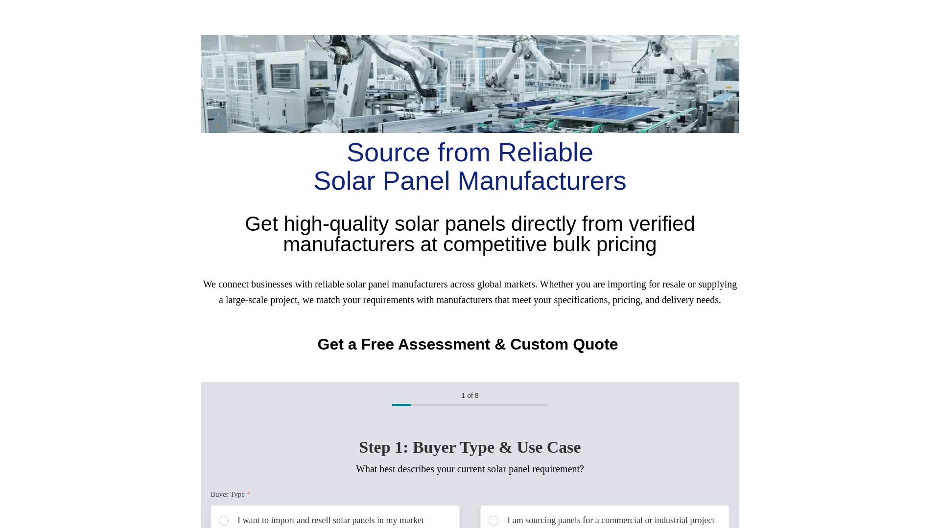 website screenshot of https://solarpanelmanufacturerdirect.com