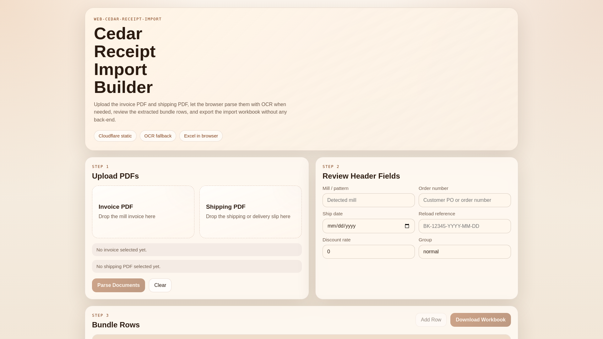 website screenshot of https://web-cedar-receipt-import.pages.dev/