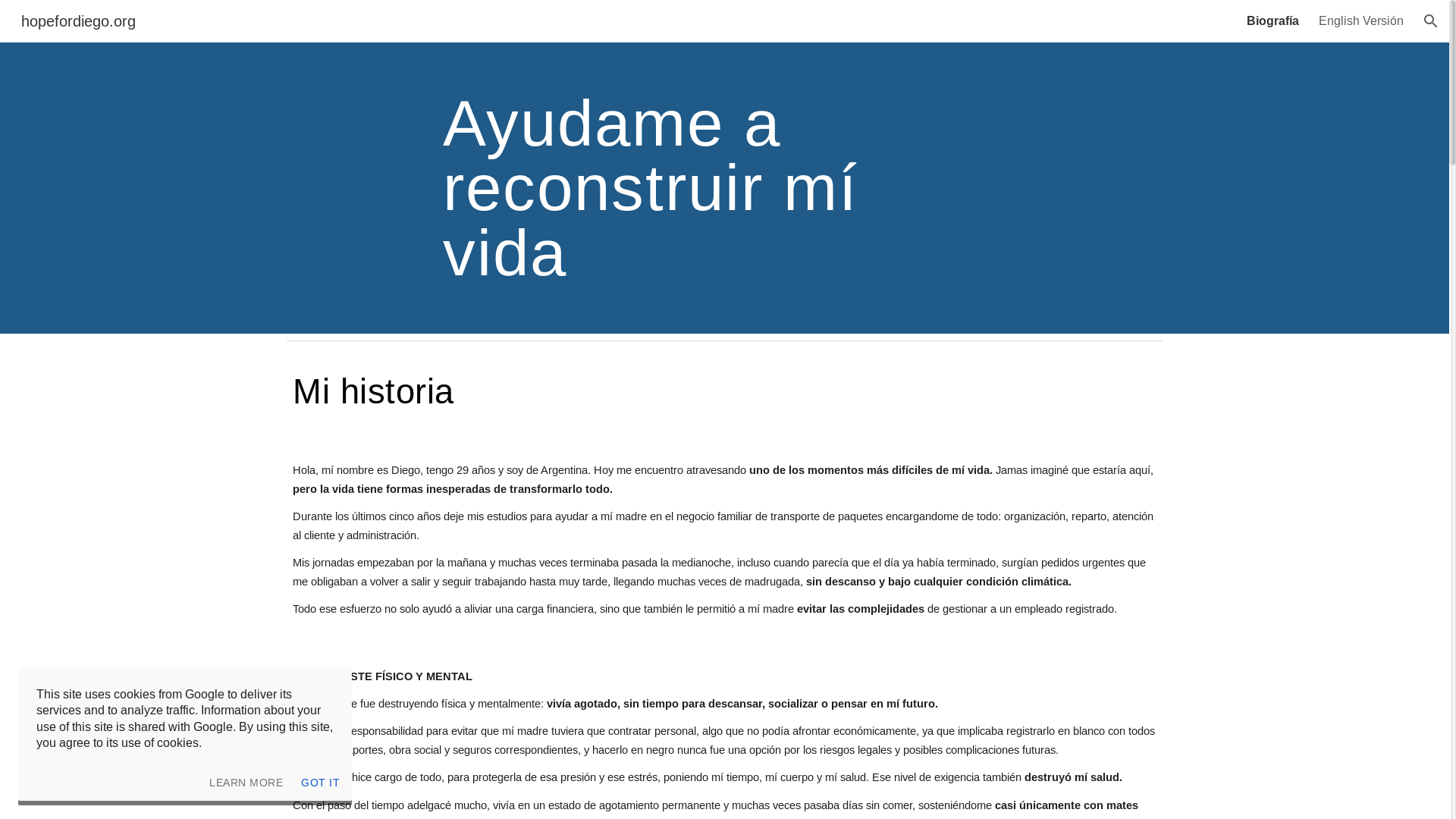 website screenshot of https://hopefordiego.org/