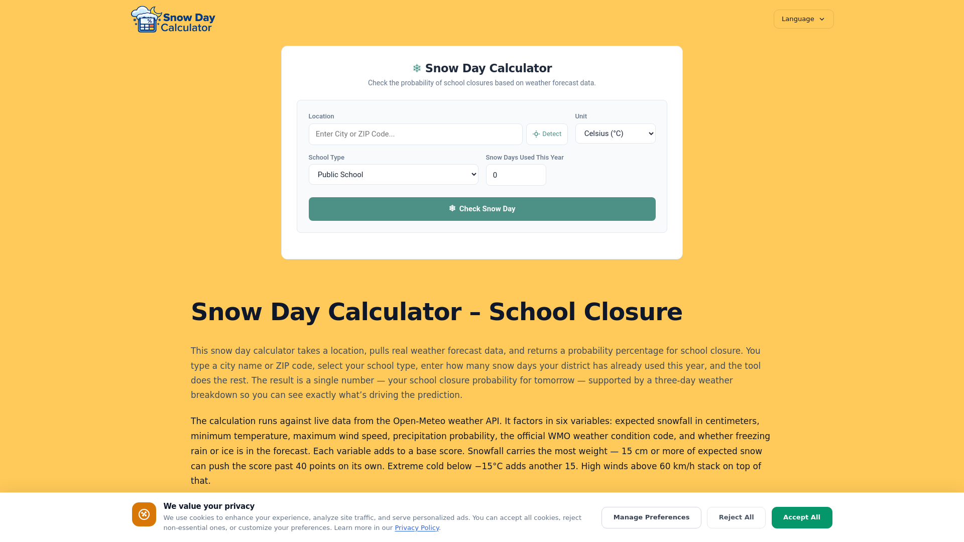 website screenshot of https://calculator-snow-day.com/
