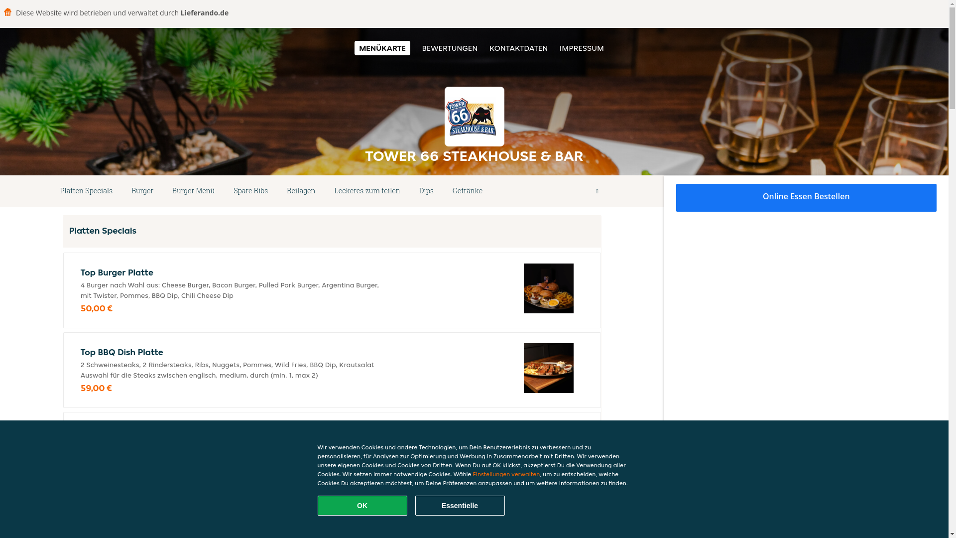 website screenshot of https://tower66steakhousebar-boblingen.de/