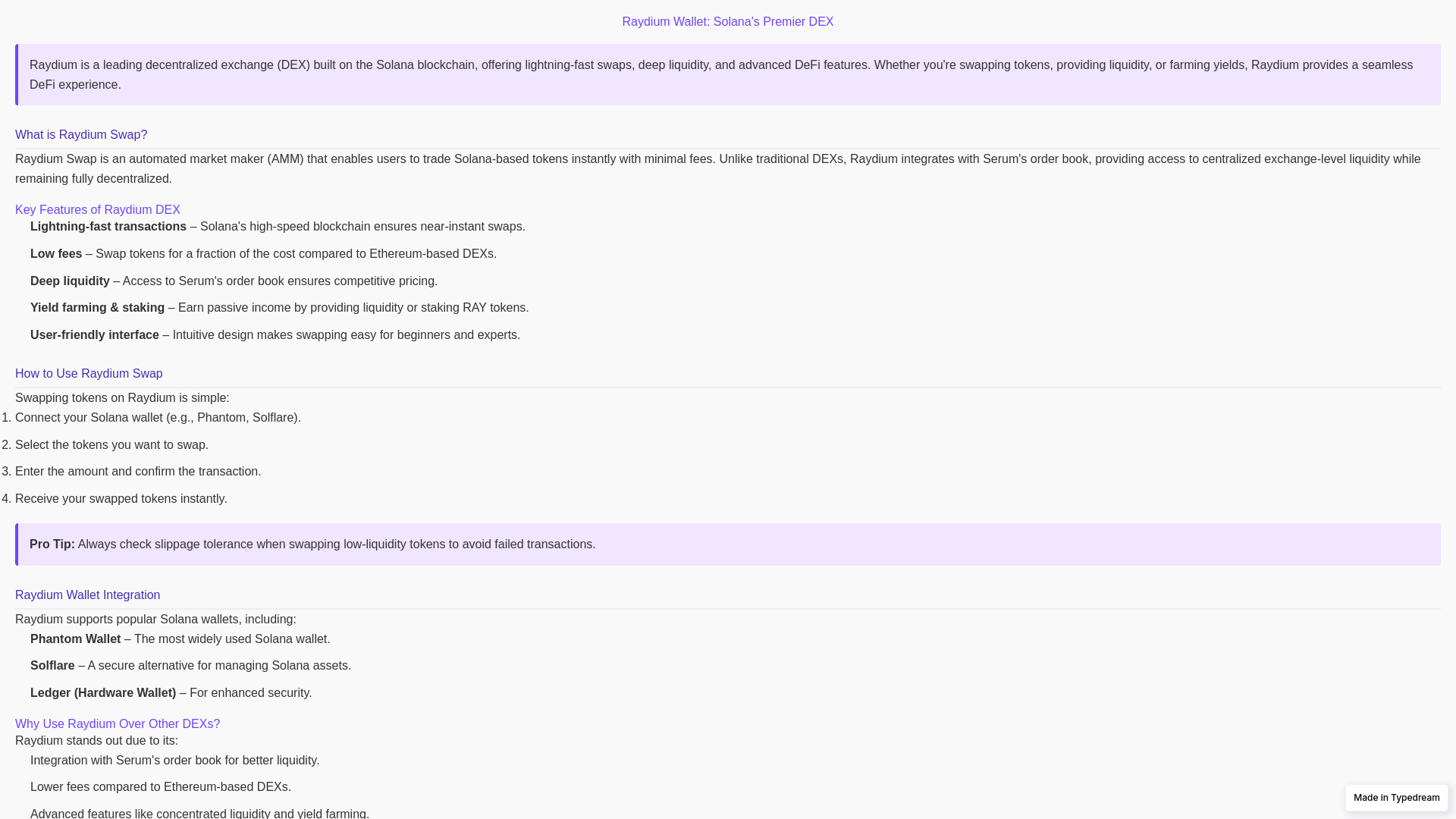 website screenshot of https://raydiumwallet-web3.typedream.app/