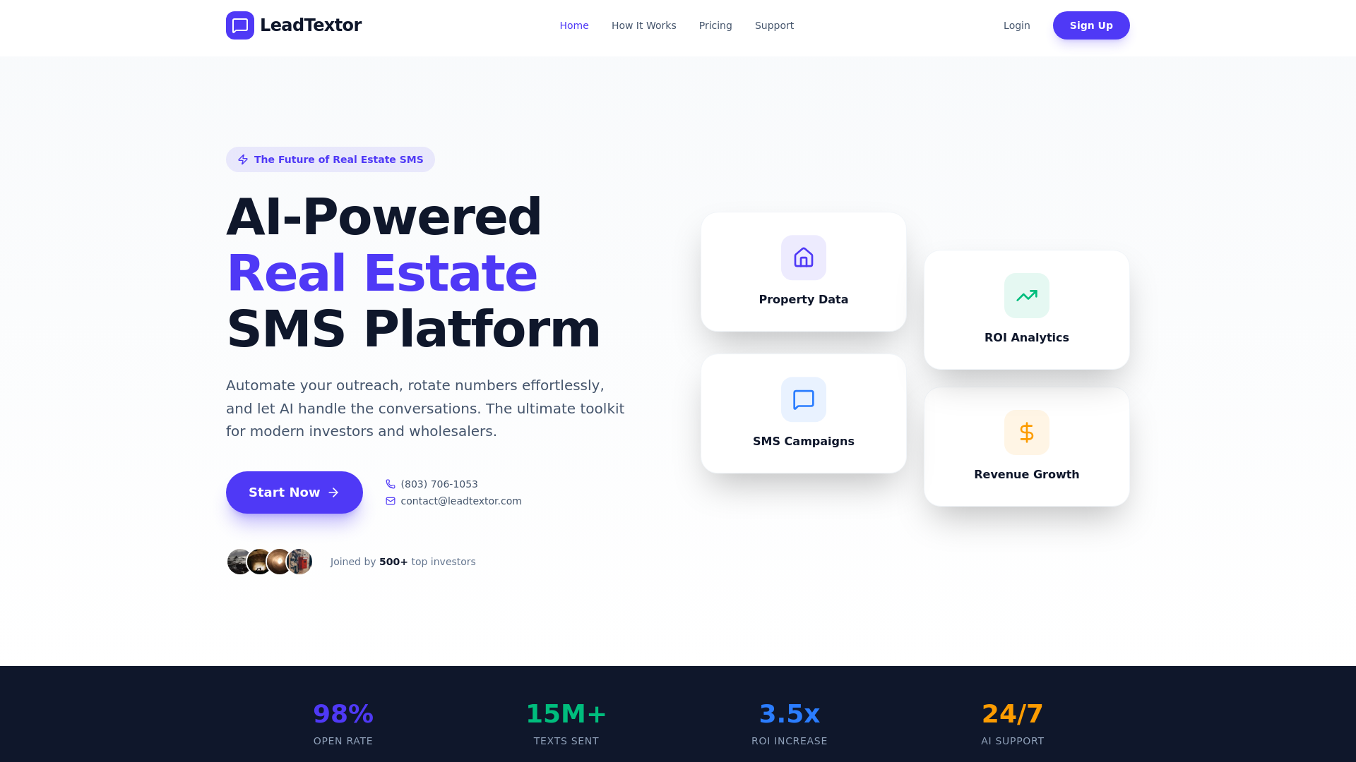 website screenshot of https://leadtextor.com