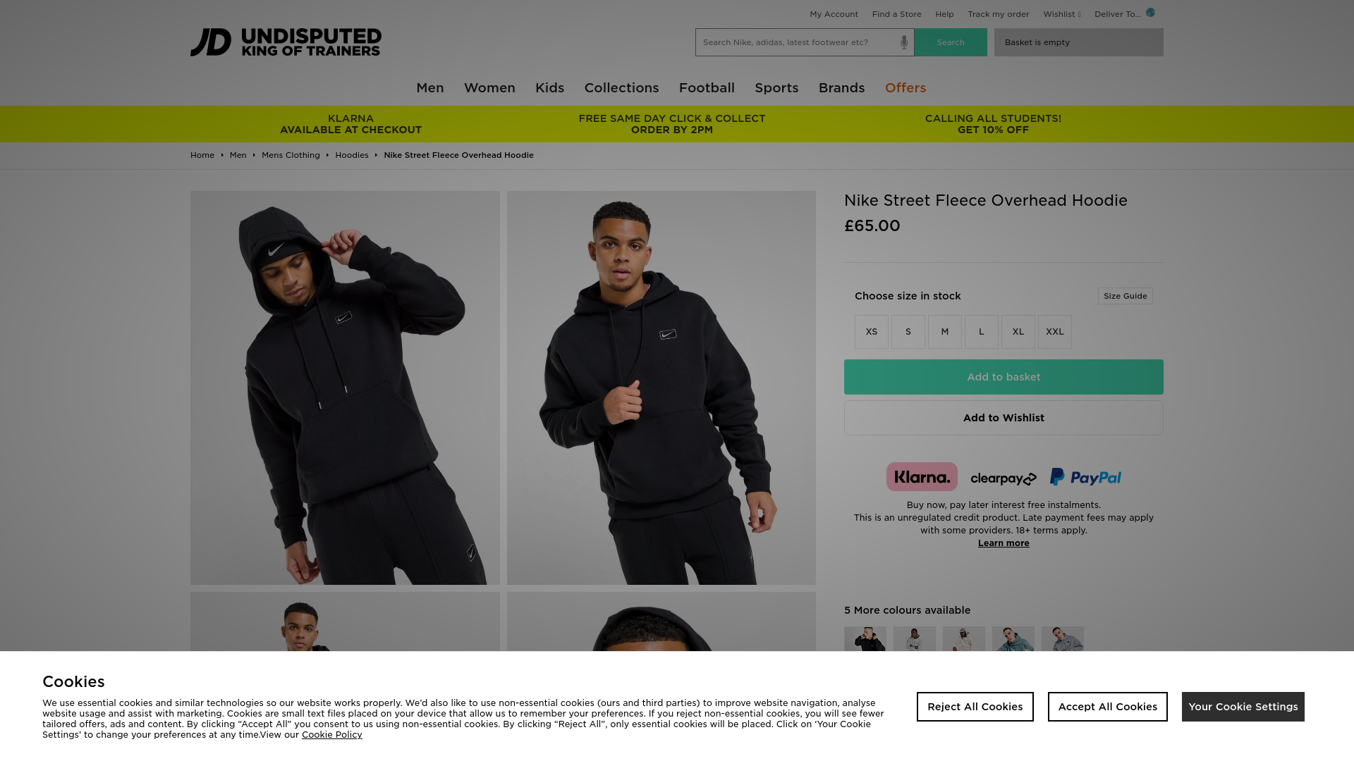 website screenshot of https://www.jdsports.co.uk/product/black-nike-street-fleece-overhead-hoodie/19736332/