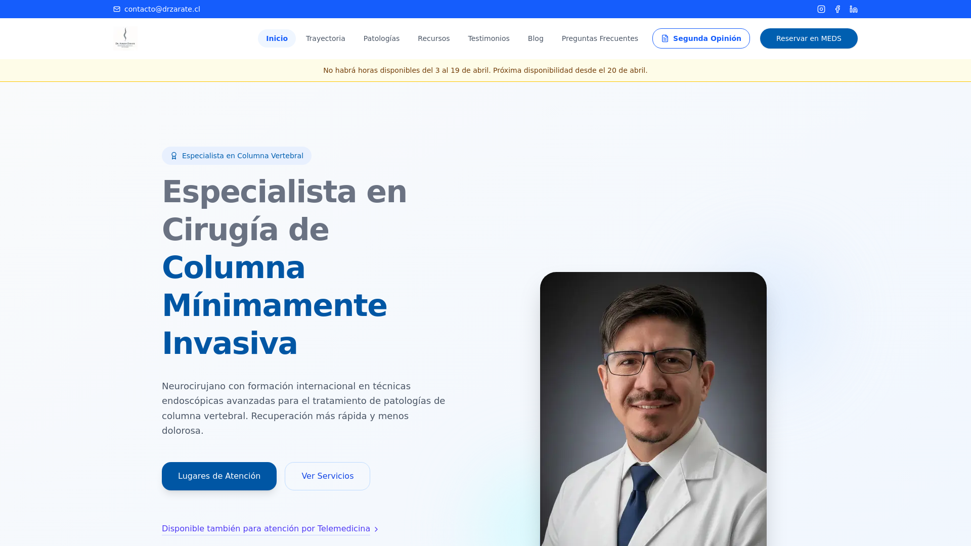 website screenshot of https://drzarate.cl
