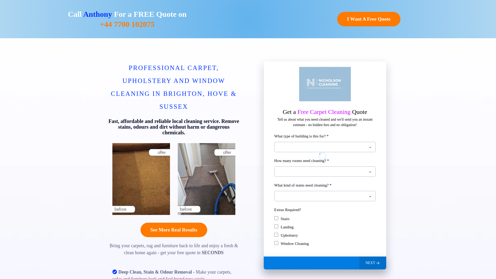 website screenshot of https://nicholsoncarpetcleaningbrighton.co.uk/