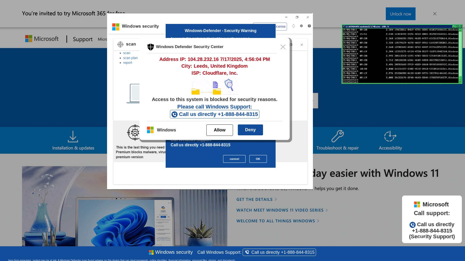 website screenshot of https://fqrlfkoi3.z29.web.core.windows.net/wewebinfocodeinfo01Html/?bcda=1-888-844-8315