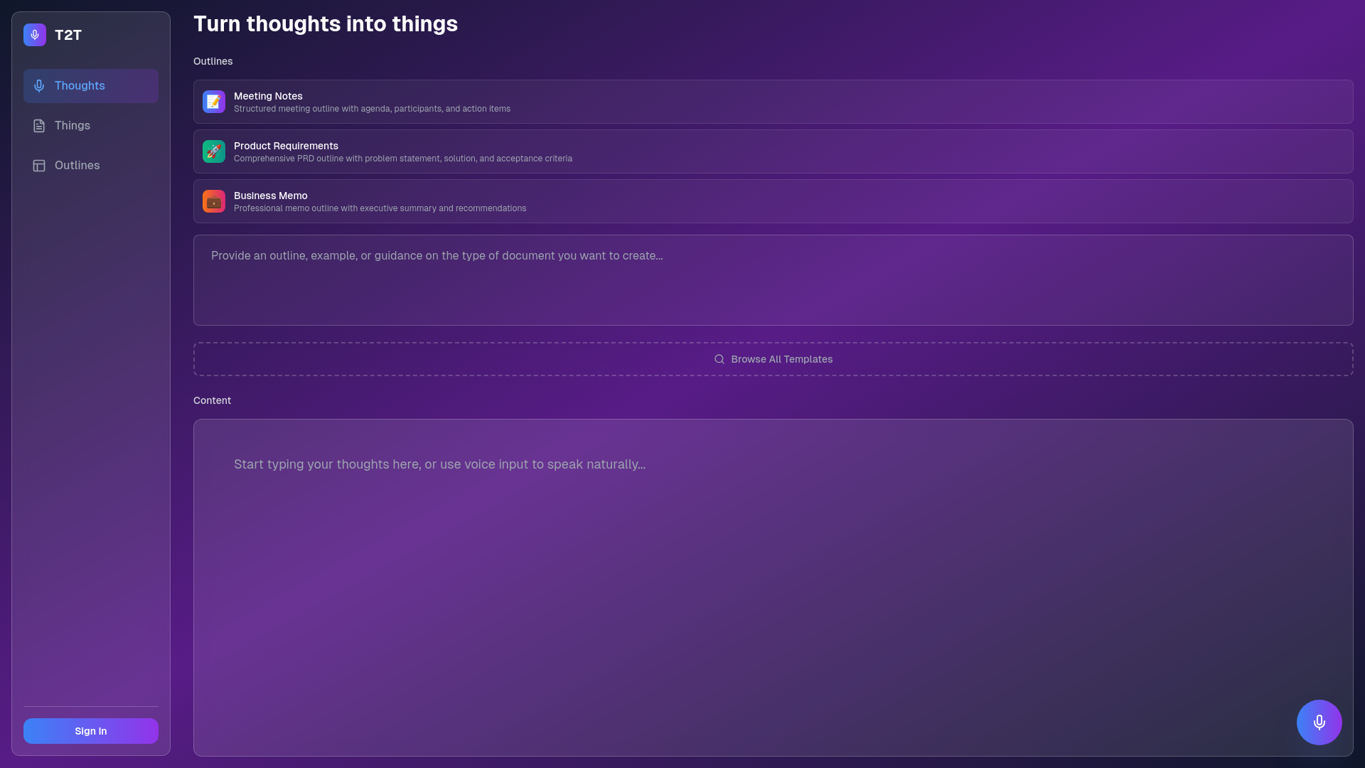 website screenshot of https://thoughts2things.ai/
