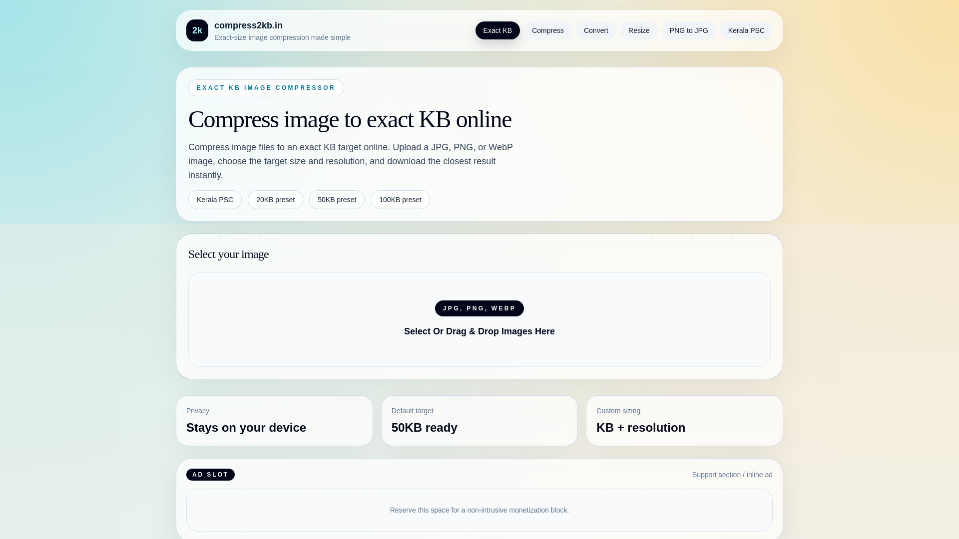 website screenshot of https://compress2kb.in