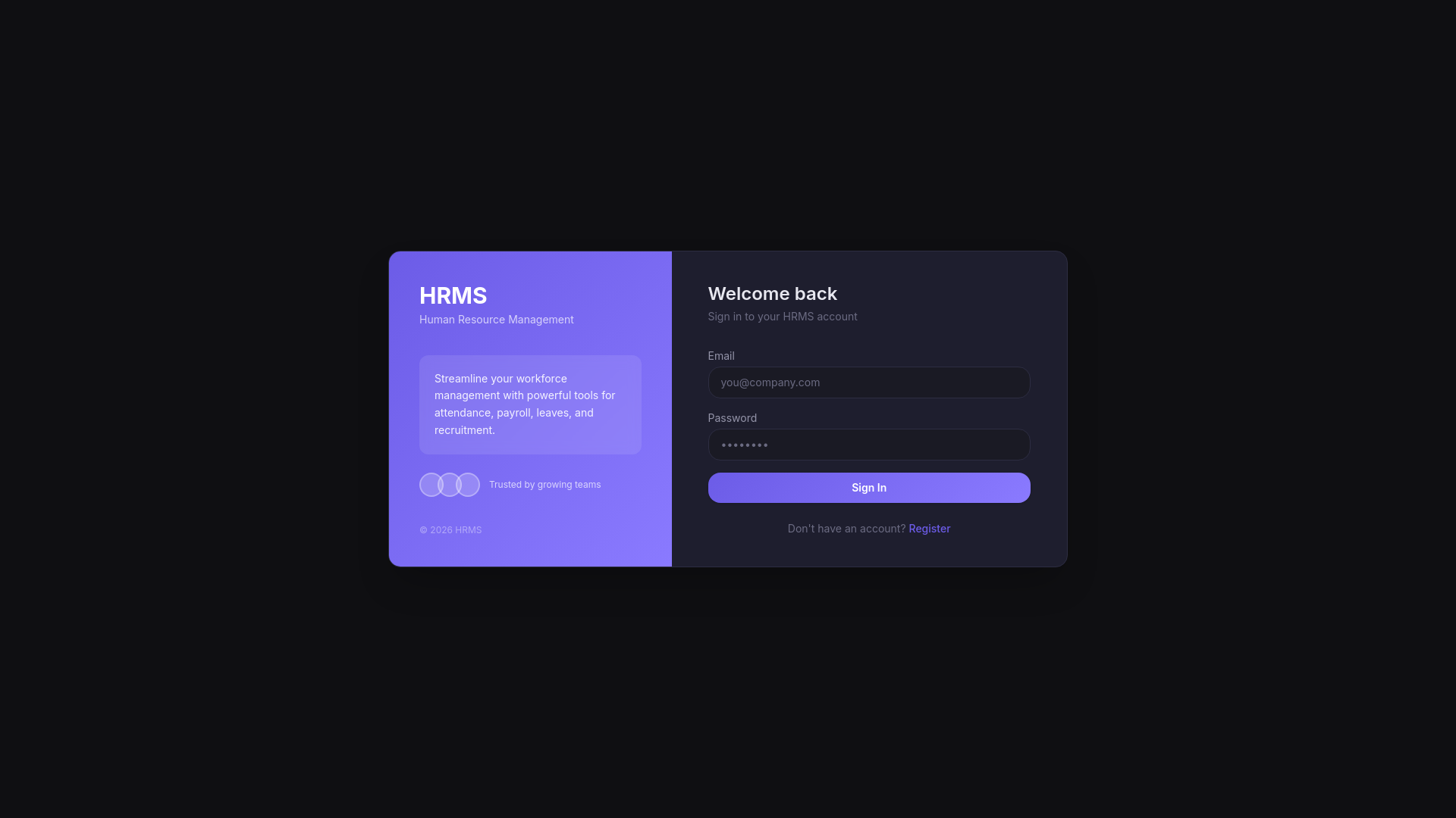 website screenshot of https://hrms-frontend-6ax.pages.dev/