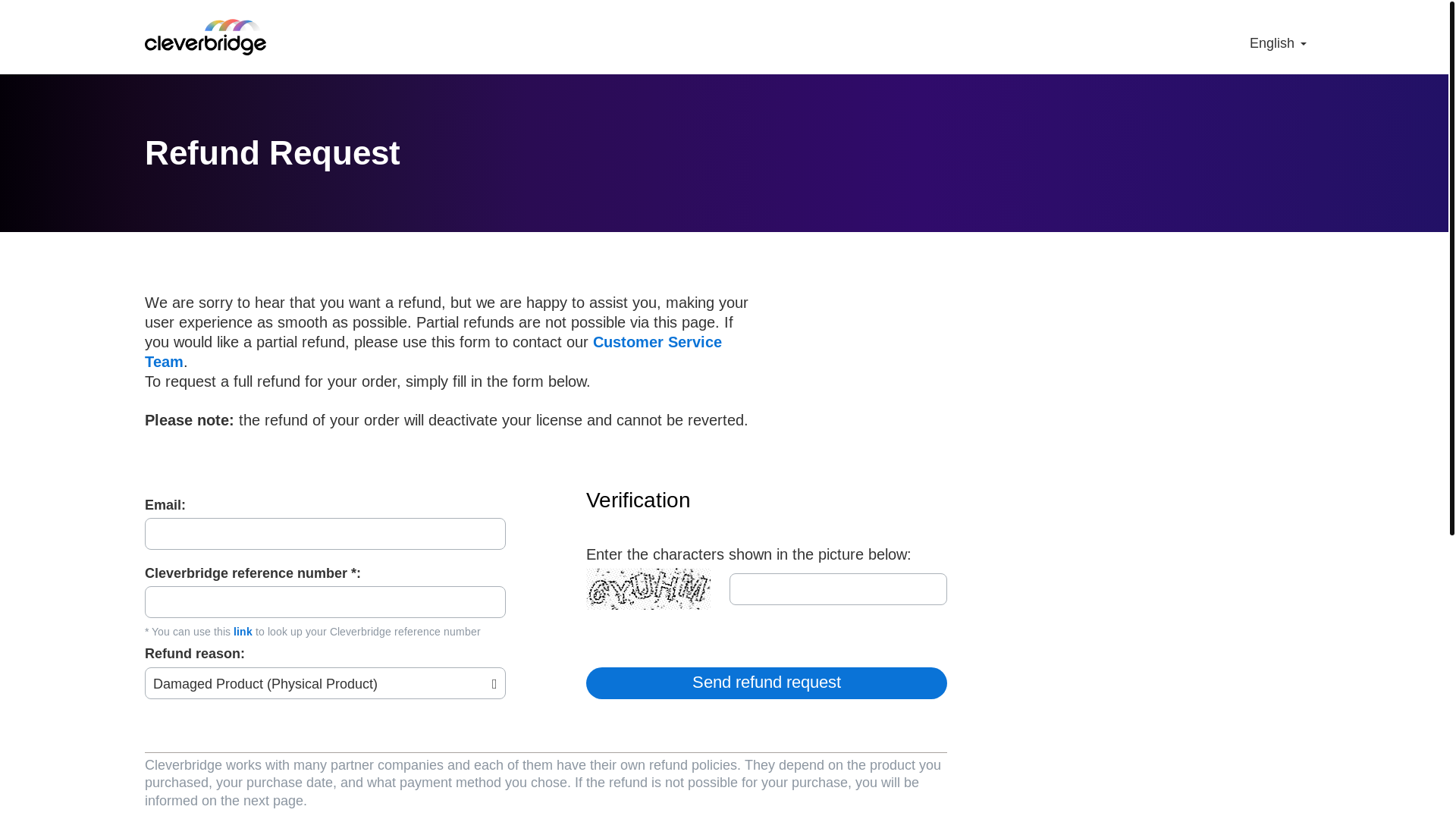 website screenshot of https://www.cleverbridge.com/refund