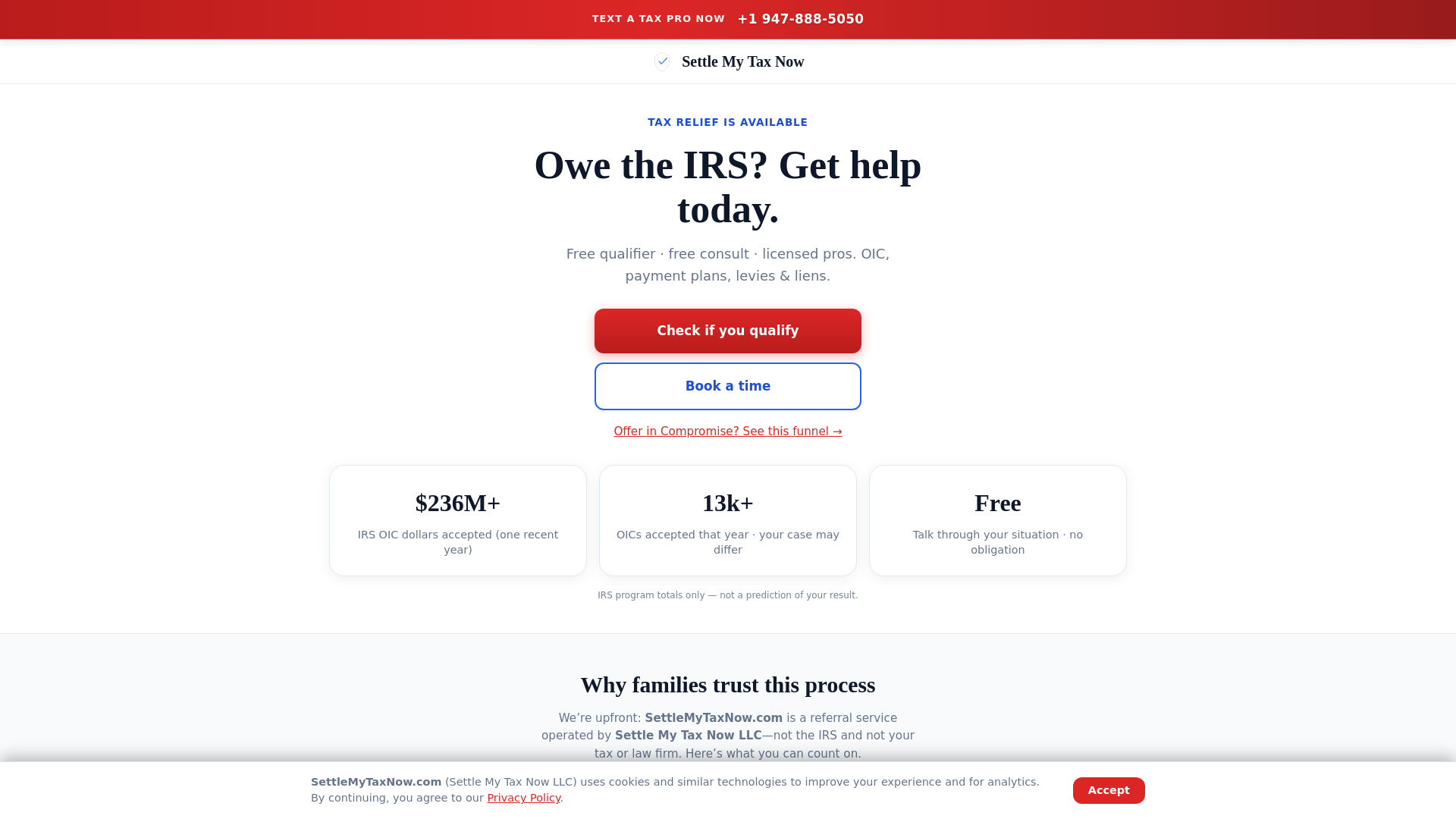 website screenshot of https://settlemytaxnowhelp.com