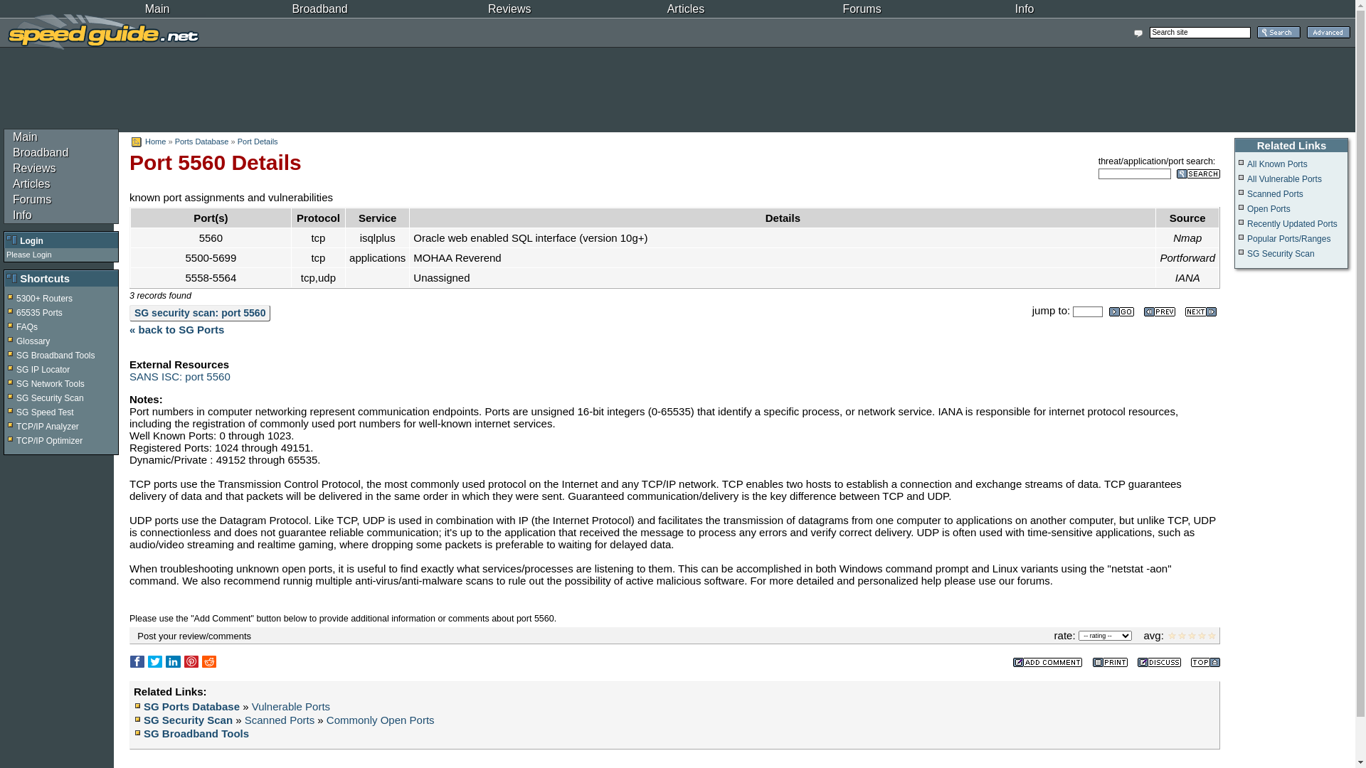 website screenshot of https://www.speedguide.net/port.php?port=5560