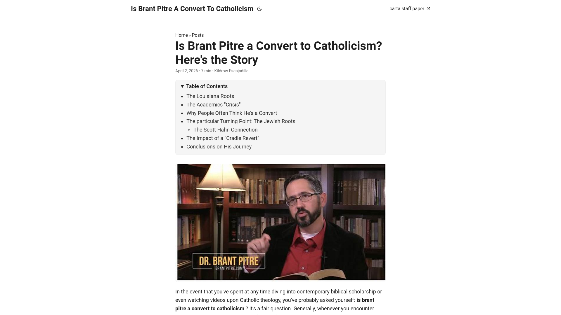 website screenshot of https://is-brant-pitre-a-convert-to-catholicism.pages.dev/