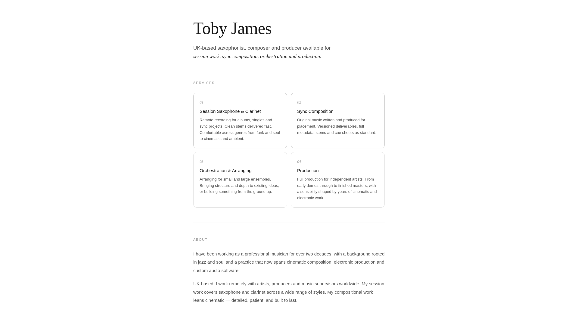 website screenshot of https://tobyjamesmusic.co.uk