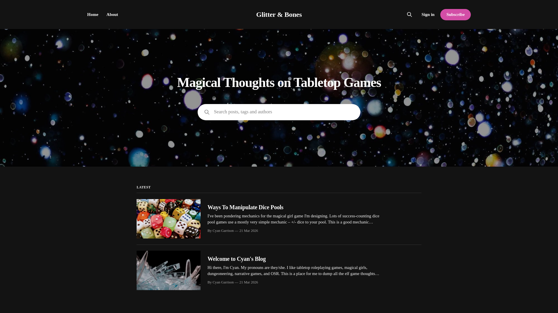 website screenshot of https://glitterandbones.net/