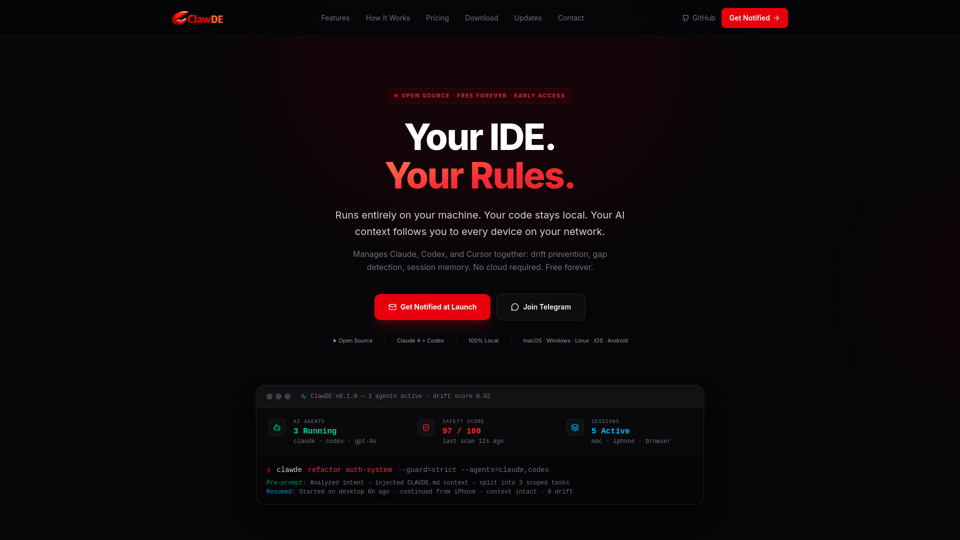 website screenshot of https://clawde.io/