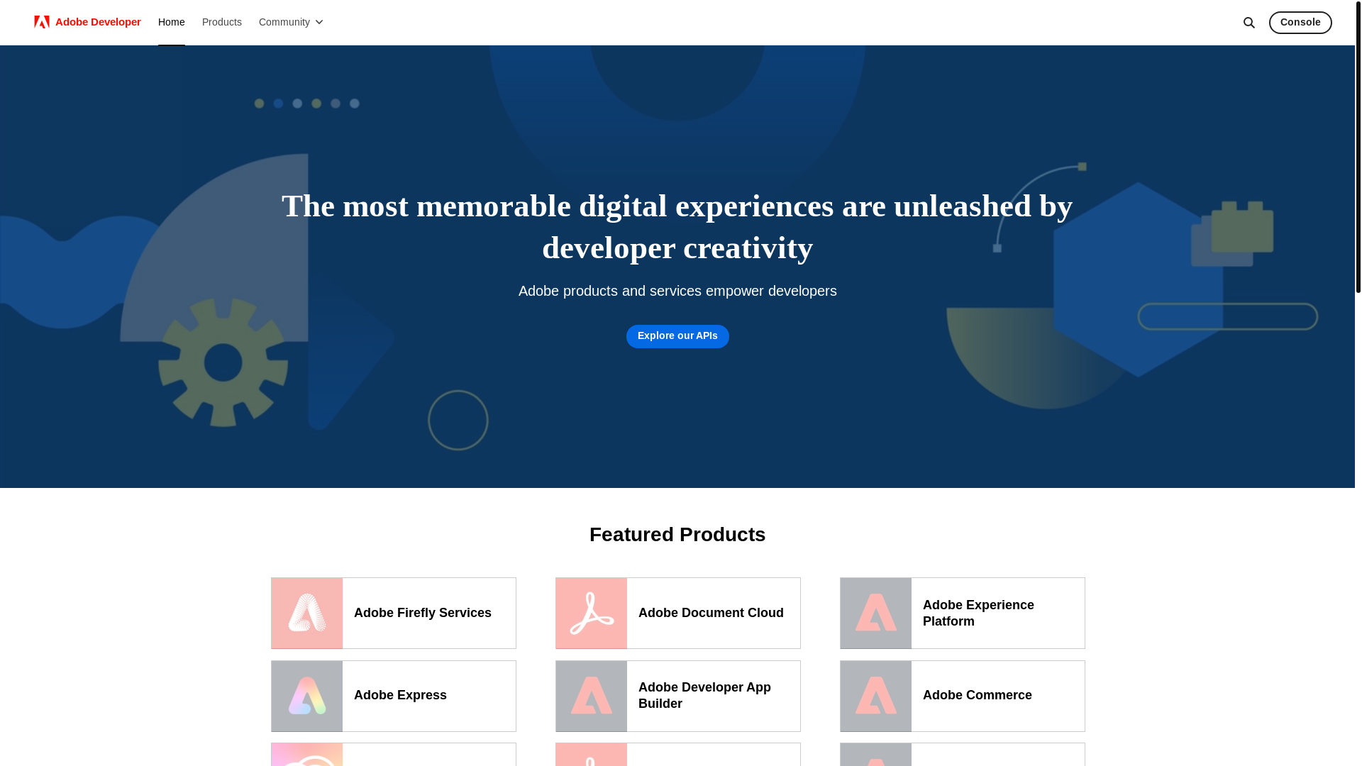 website screenshot of https://adobe.io