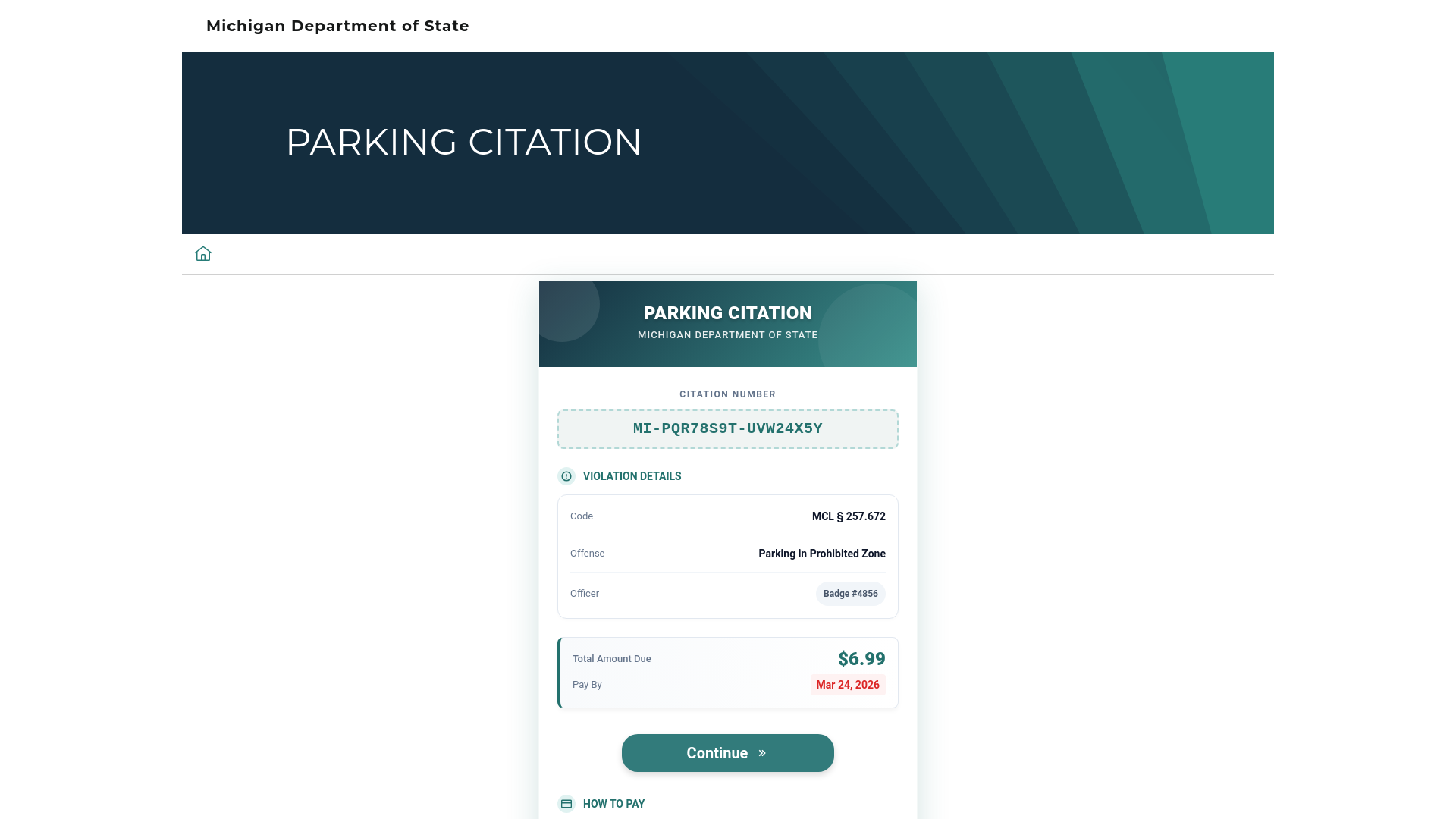 website screenshot of https://miviolationprocessing.us/