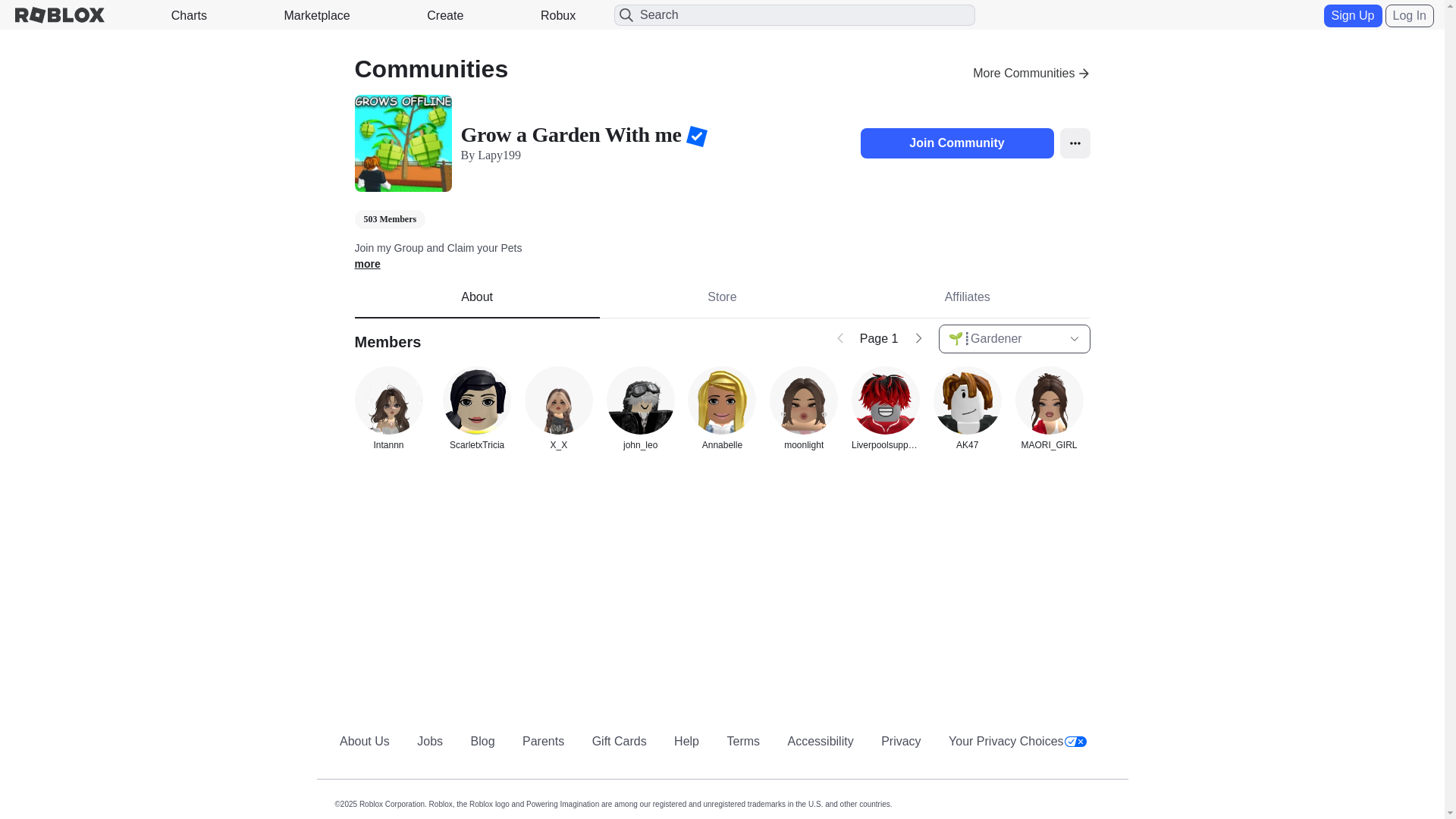 website screenshot of https://roblox.tc/communities/4768663653/Grow-a-Garden-With-me