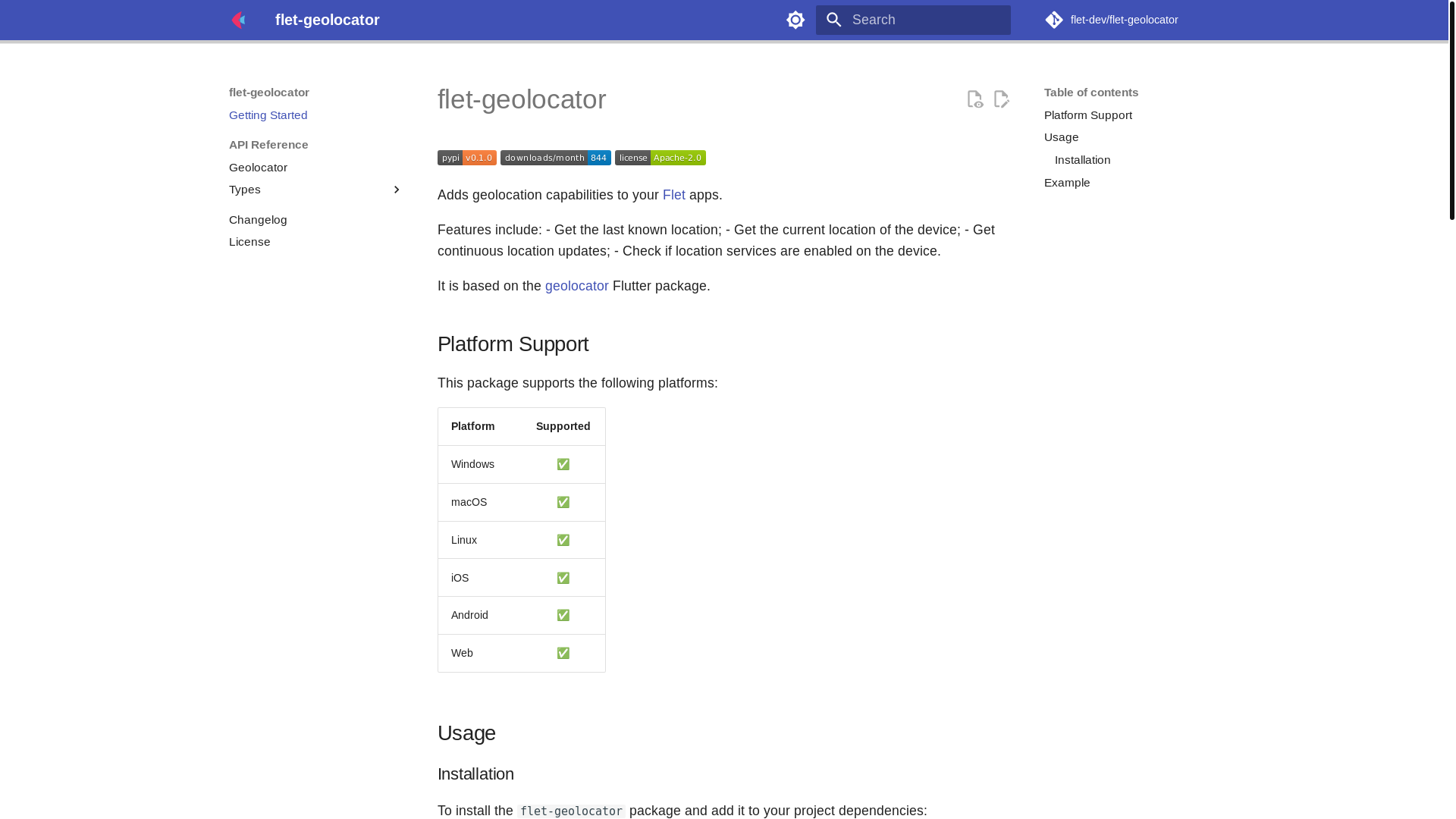 website screenshot of https://flet-geolocator-docs.pages.dev/