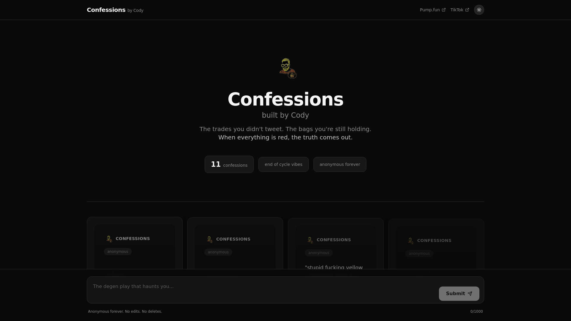 website screenshot of https://solanaconfessions.xyz/