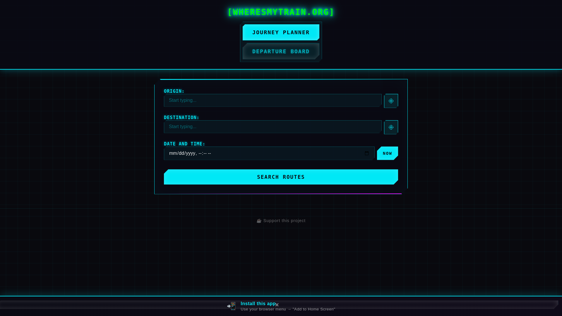 website screenshot of https://wheresmytrain.org/